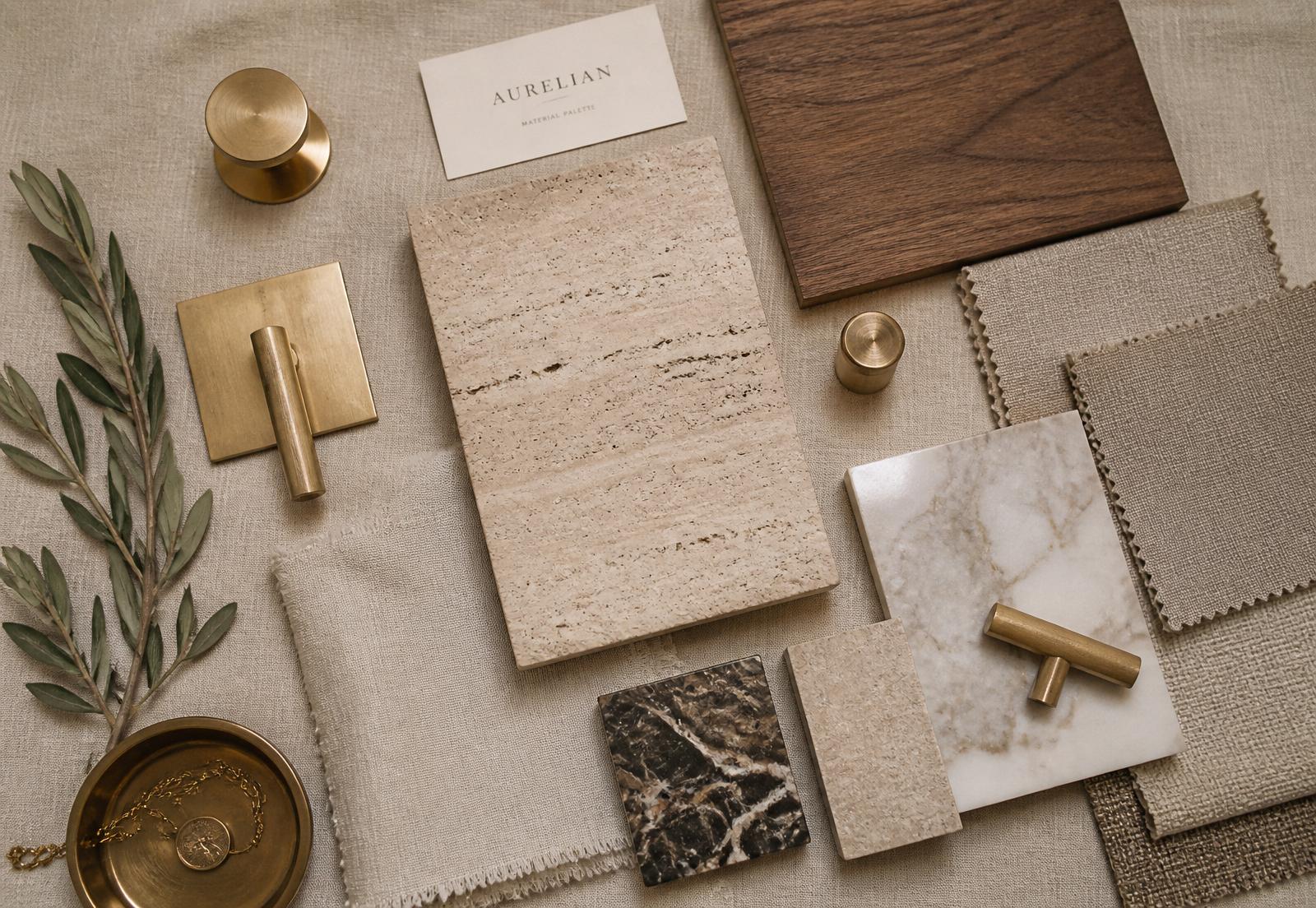 Overhead flatlay of travertine, walnut, brass and linen material palette