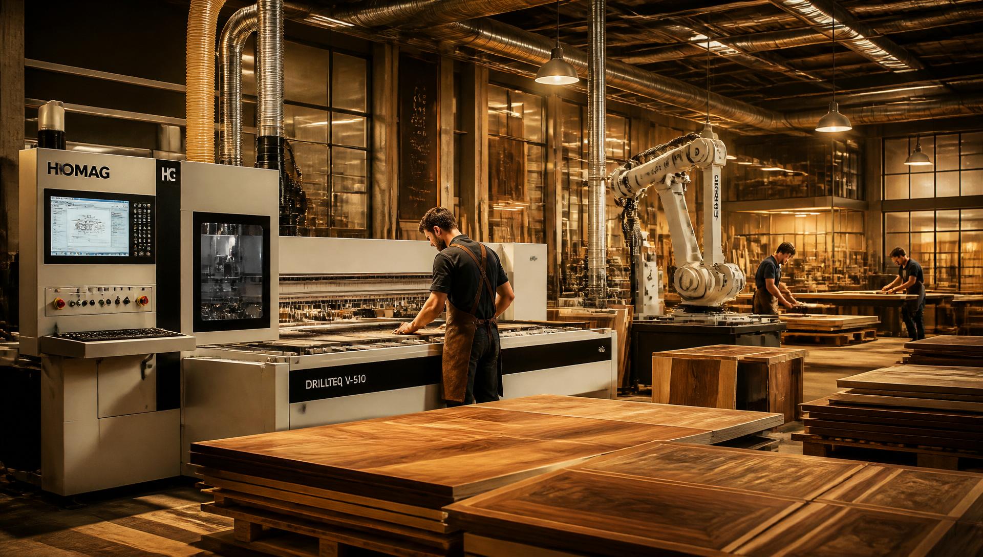 FORRE manufacturing floor with HOMAG CNC machinery and robotic finishing arm